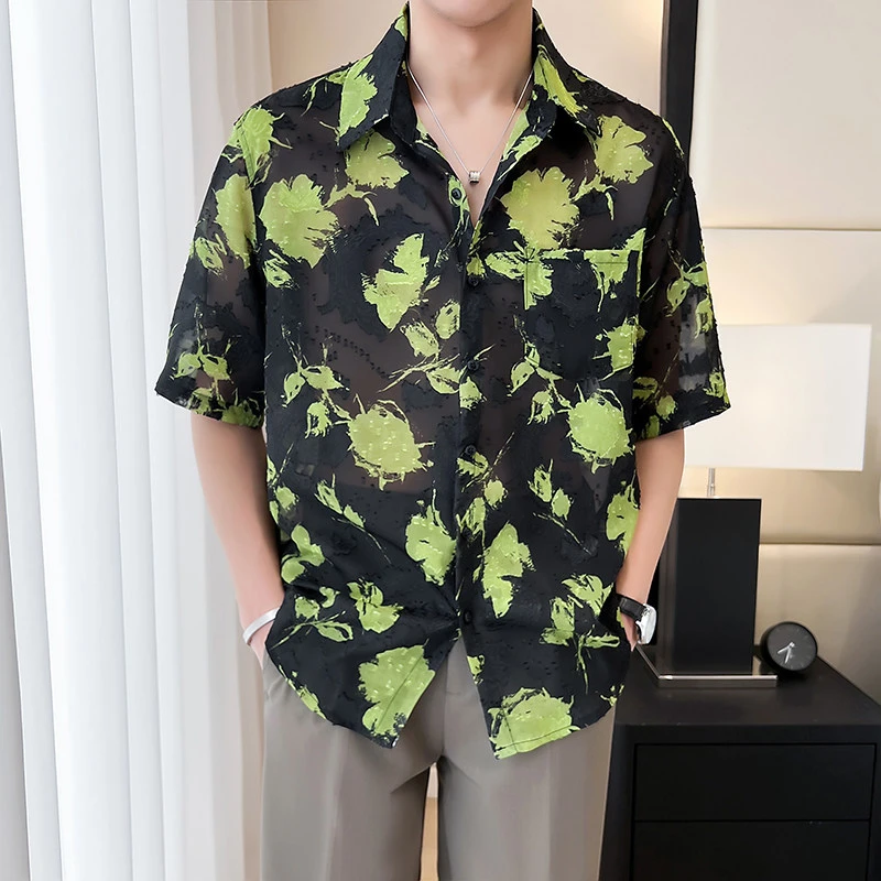 2024夏季新款时尚复古提花薄款短袖衬衫男士潮流宽松痞帅凉感衬衣