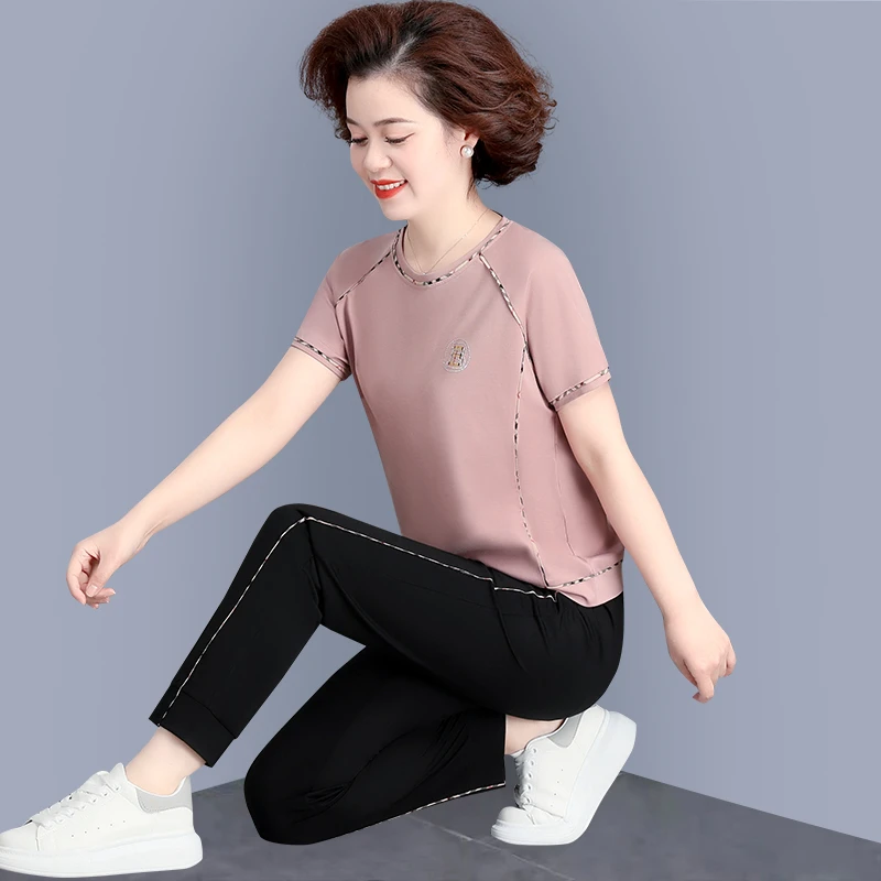 小个子妈妈夏装运动服套装女2024新款中老年夏季短袖t恤上衣40-60