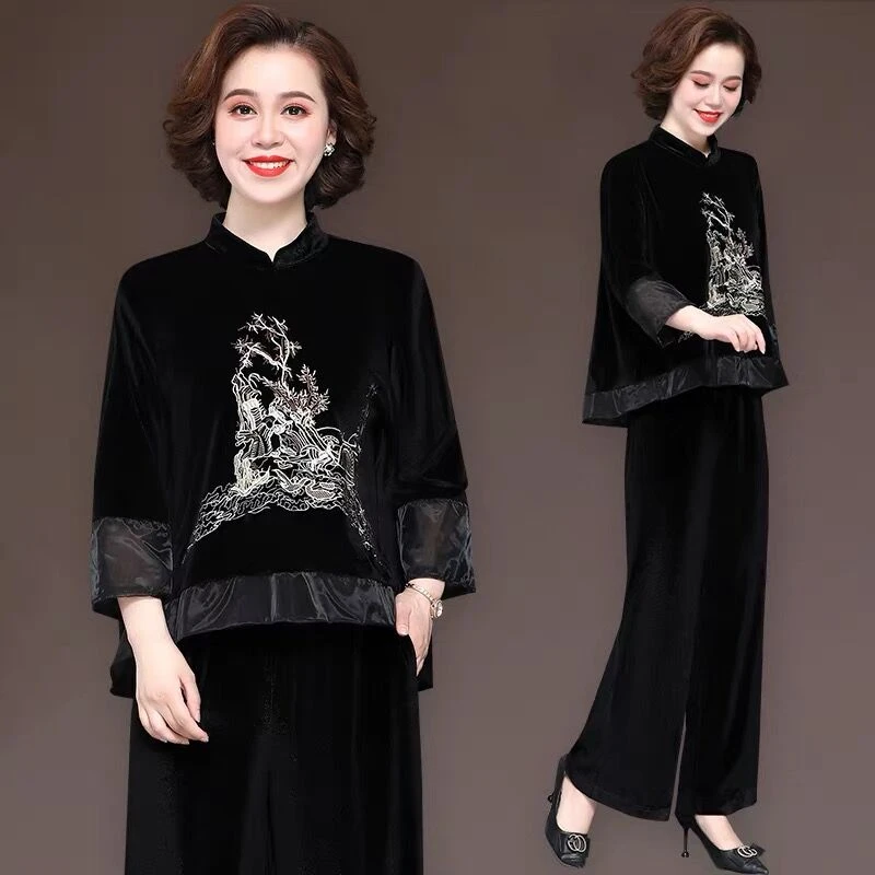 妈妈春装金丝绒套装女50岁中老年女春秋阔太太气质高贵上衣两件套