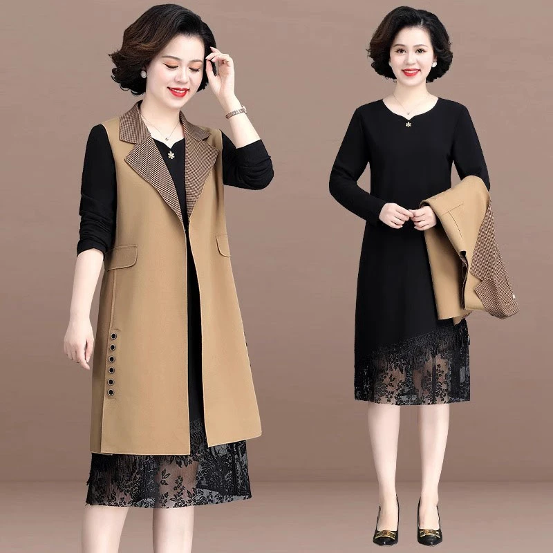 中年妈妈春秋装连衣裙两件套中老年女贵夫人气质风衣洋气马甲外套