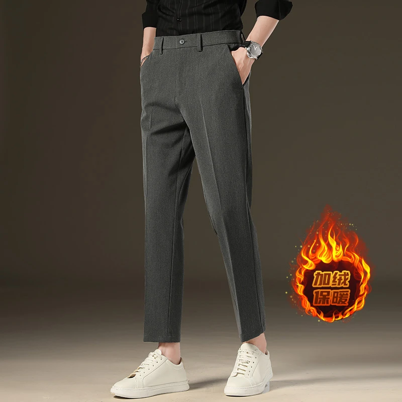 加绒九分休闲裤男秋冬2025新款加厚保暖商务男装小西裤修身长裤子
