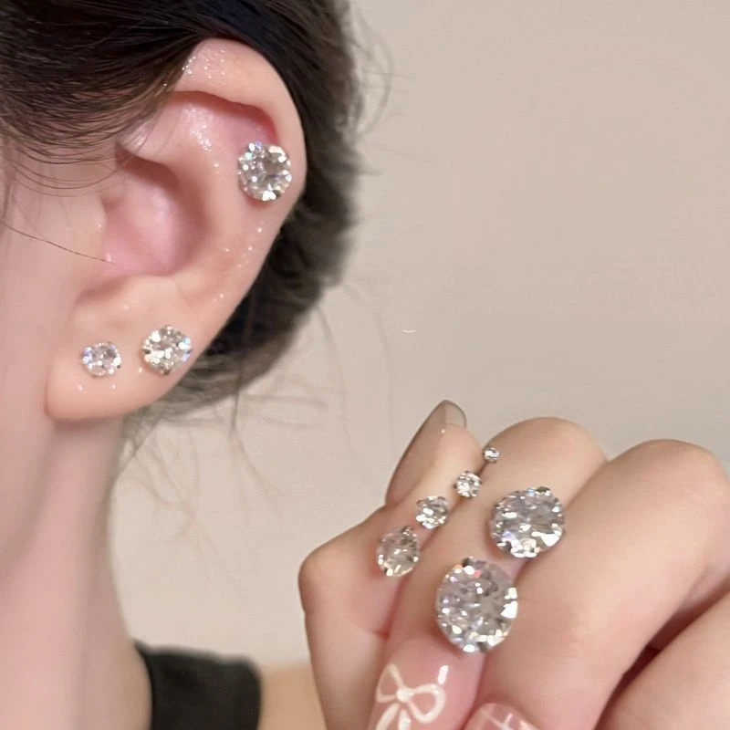 合金耳饰 925镀银锆石螺丝拧耳钉女耳蜗钉免耳堵养耳洞防过敏耳饰
