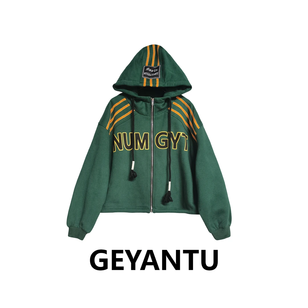 【GYT】时尚休闲绿色连帽宽松加绒印花带帽时尚休闲绿色连帽外套624