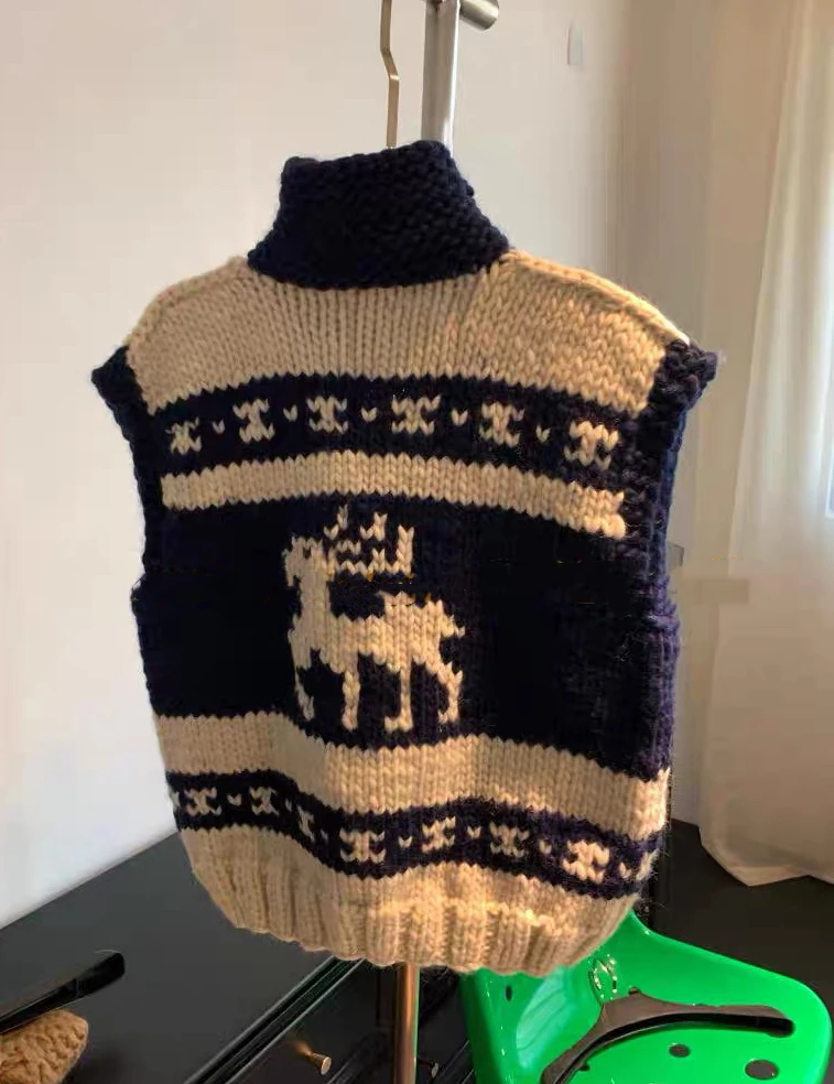 【麋鹿森林】“纯手工编制”泡菜设计师款粗棒针羊毛无袖开衫马甲