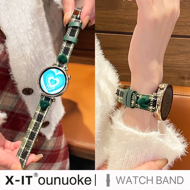 X-IT适用华为gt4夏季gt3Pro女款watch4Pro爱心毛呢格子纹布手表带