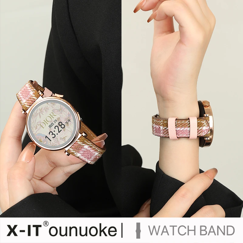 X-IT适用华为gt4毛呢格子纹布gt3pro夏季watch4Pro拼色女款皮表带