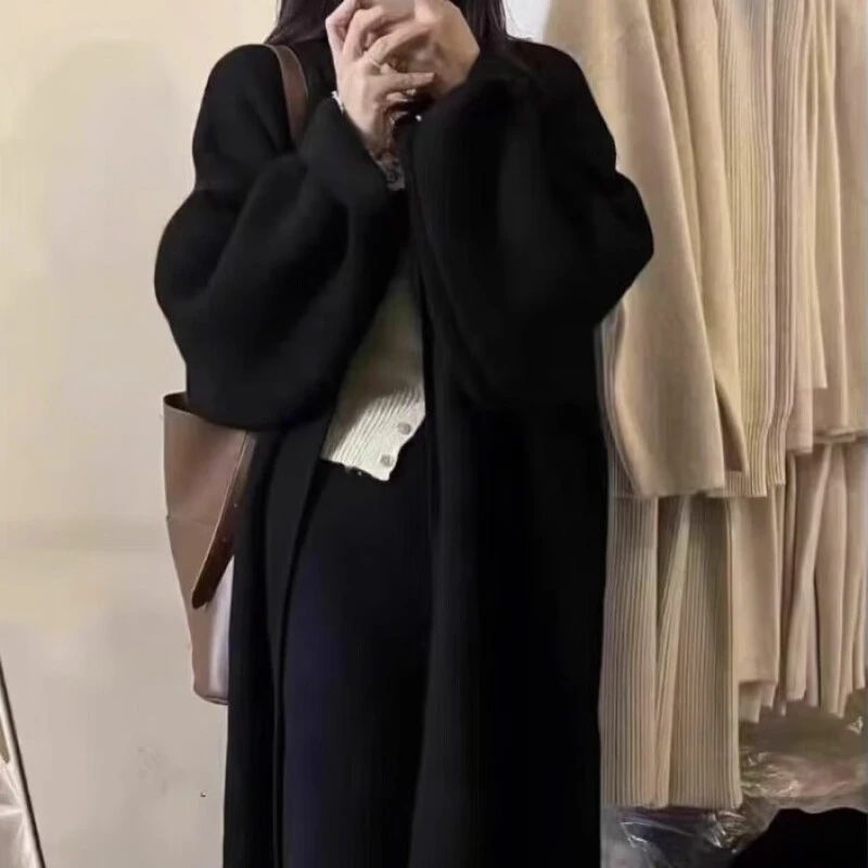 高级感显瘦针织开衫毛衣女中长款纯色慵懒风过膝宽松大版通勤外套