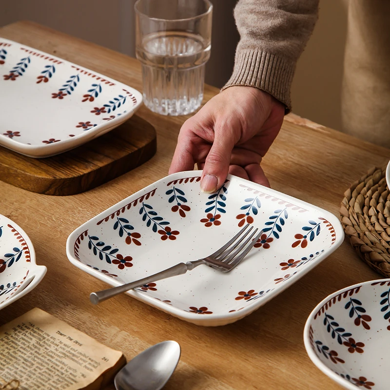 【复古小花】8英寸方盘2个装家有菜盘创意陶瓷釉下彩陶瓷菜盘