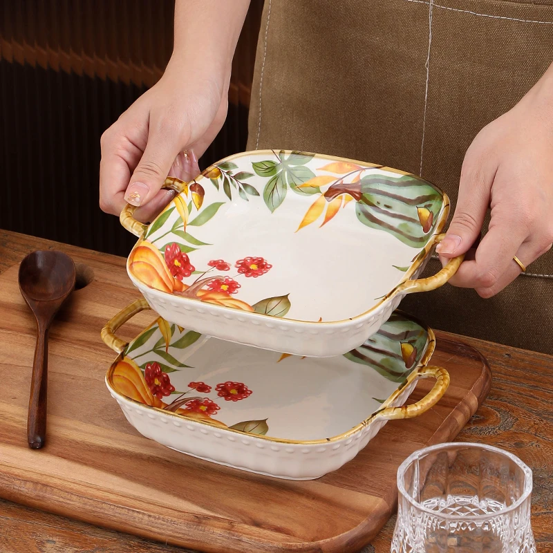 【南瓜花园双耳方盘】2个装复古轻奢双耳方盘釉下彩家用耐高温