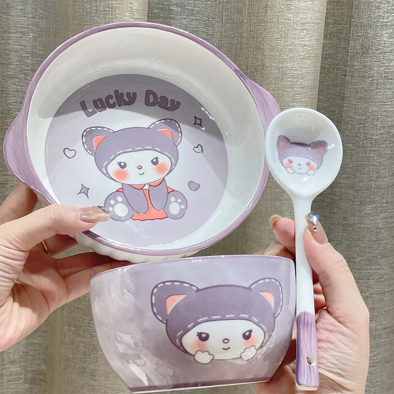 【萌萌Q宝3件套】双耳碗米饭碗勺子大容量辅食碗陶瓷学生宿舍碗创意