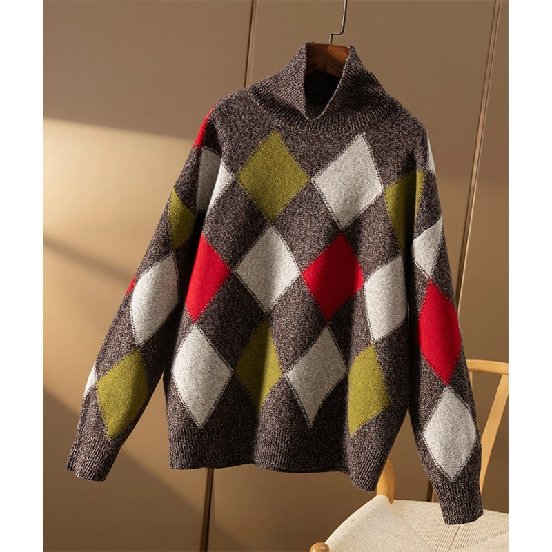 春天家 学院范 英G菱格花纱100羊毛高领长袖毛衣女5U57 特
