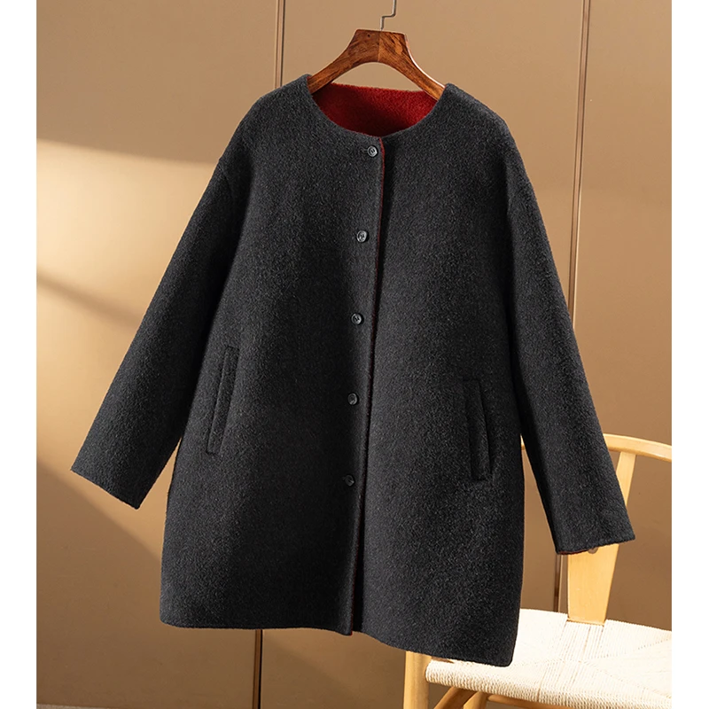 春天家 极简异色 意D利中长款双面呢大衣女6V50