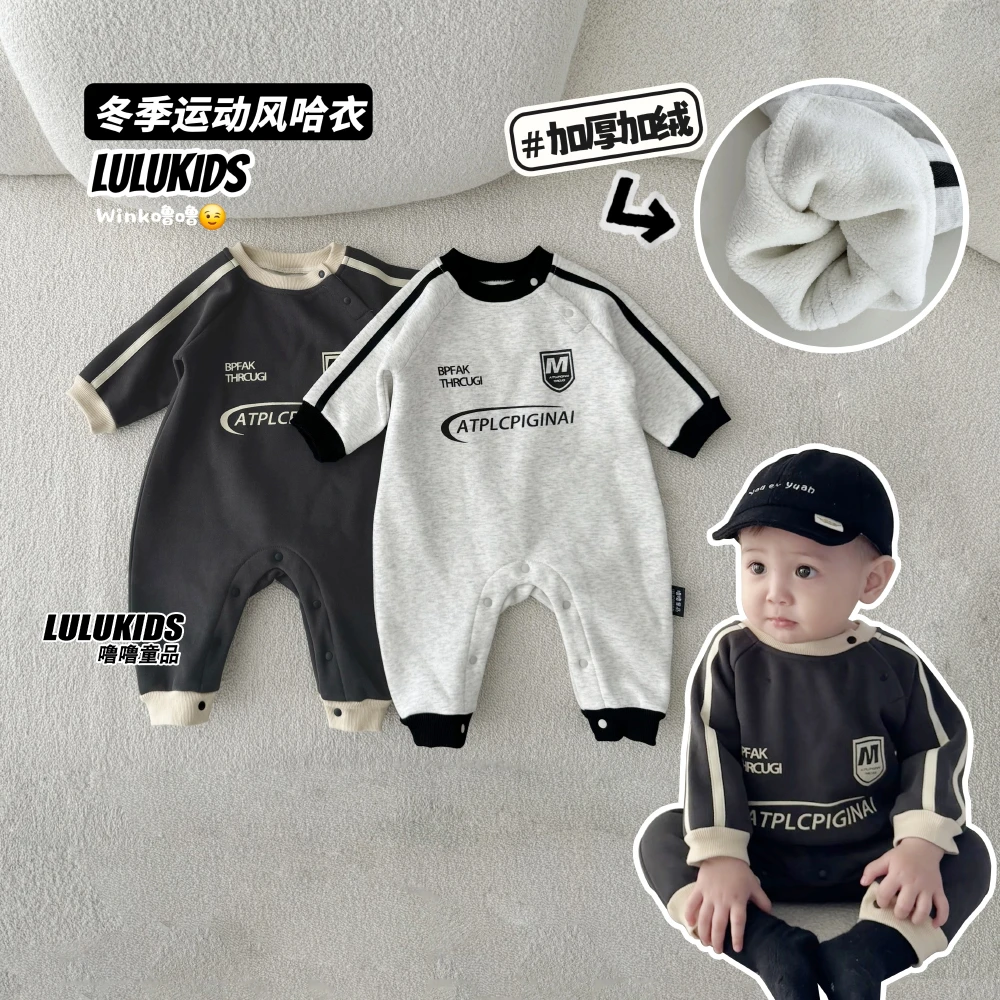 宝宝外出服夹绒秋冬季婴儿外穿运动服加厚绒ins风连体衣加绒哈衣