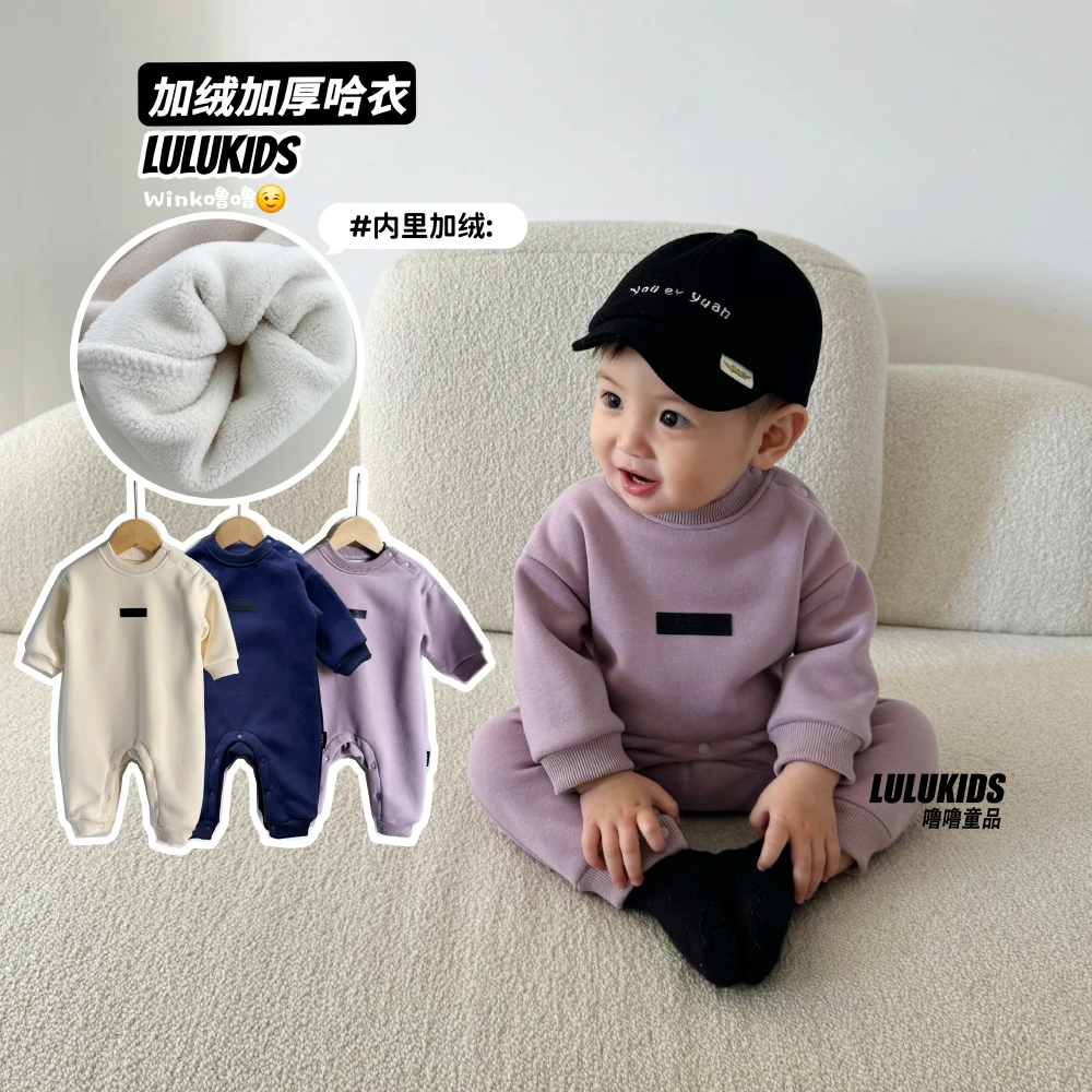 宝宝连体衣外出新生儿加厚款加绒运动ins风婴儿超萌冬季爬服哈衣