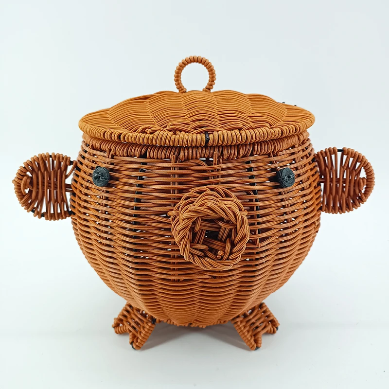 A038孤品棕色收纳小猪造形水果篮手工编织18*18