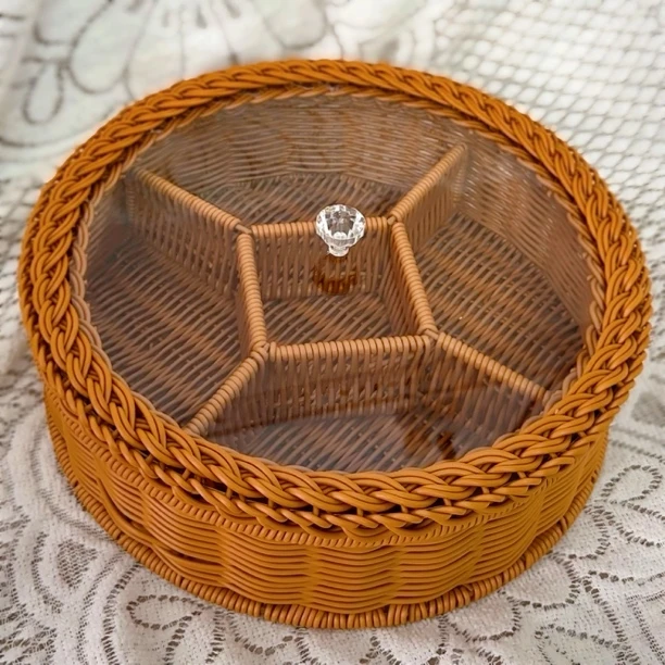 C11棕色圆形加固分格收纳带盖馒头框纯手工编织30*8