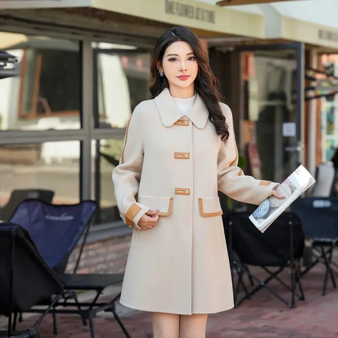 D005 新款2025高级感A字版皮边秋冬中长款气质保暖大衣女网红外套