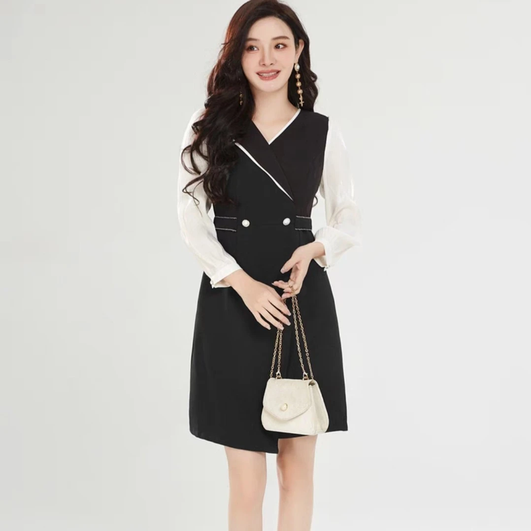 D007 长袖连衣裙女春秋2025年新款收腰显瘦法式气质高级感a字裙子