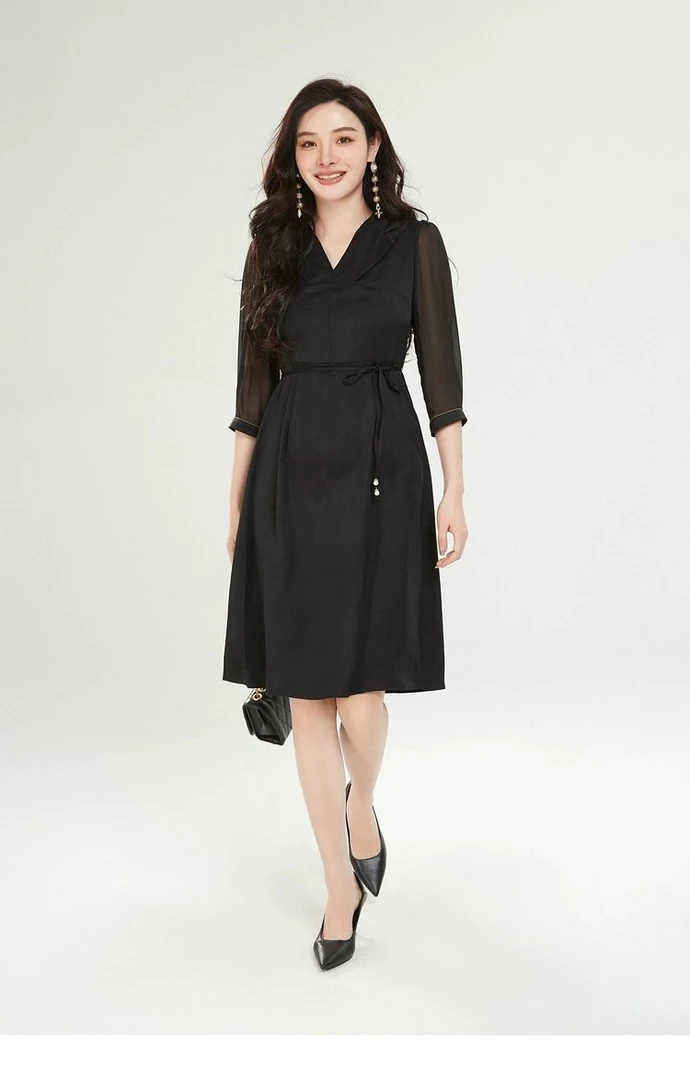 D006新款2025秋季气质精致翻领中长款连衣裙气质显瘦通勤女连衣裙