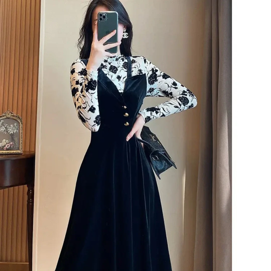 D635秋季2025新款微胖妹妹大码女装显瘦减龄印花衬衫假两件连衣裙