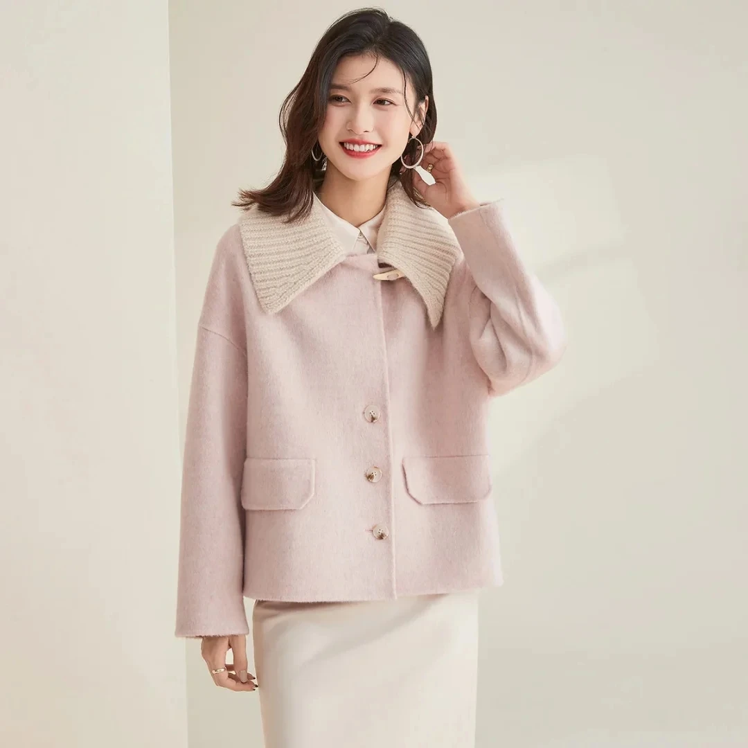 D150新款2025网红毛领可拆卸翻领短款毛呢外套女秋冬款日常单排扣