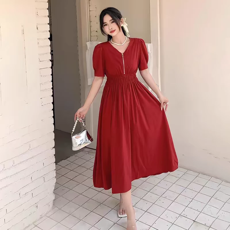 D0090 夏新款V领收腰显瘦拉链连衣裙女时尚休闲气质过膝高腰A字裙