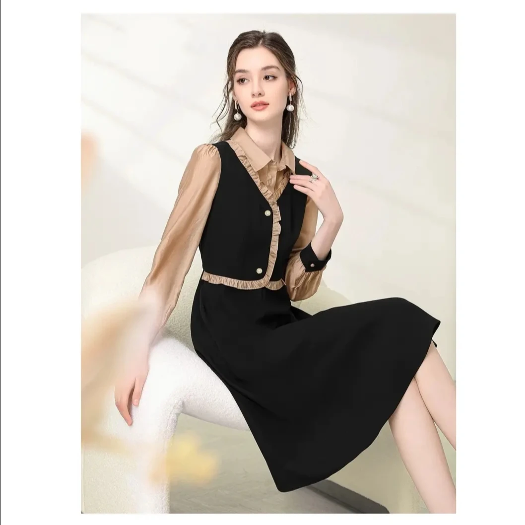 D008新款2025大码小香风气质连衣裙显瘦遮肚假两件中长网红女裙子