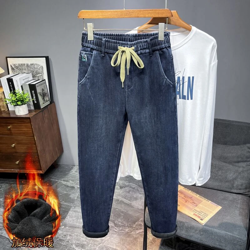 加绒加厚保暖男士牛仔裤松紧腰宽松弹力休闲百搭哈伦裤老爹裤长裤