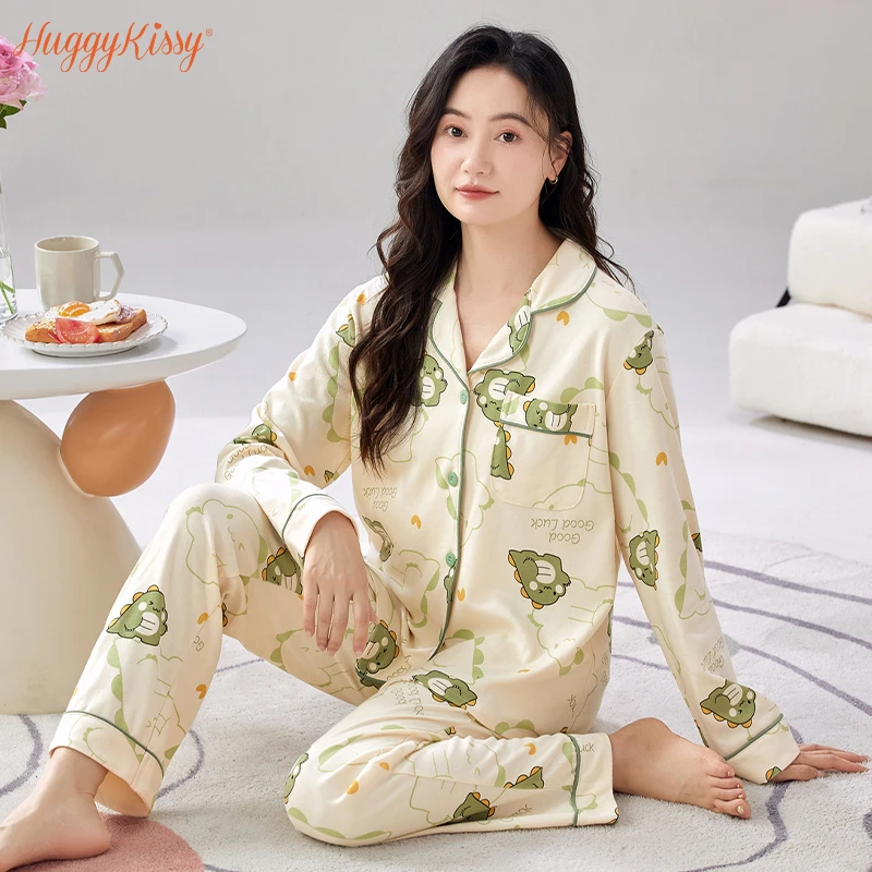 2024秋季居家长袖睡衣女开衫翻领薄款大码可爱家居服女款套装3014