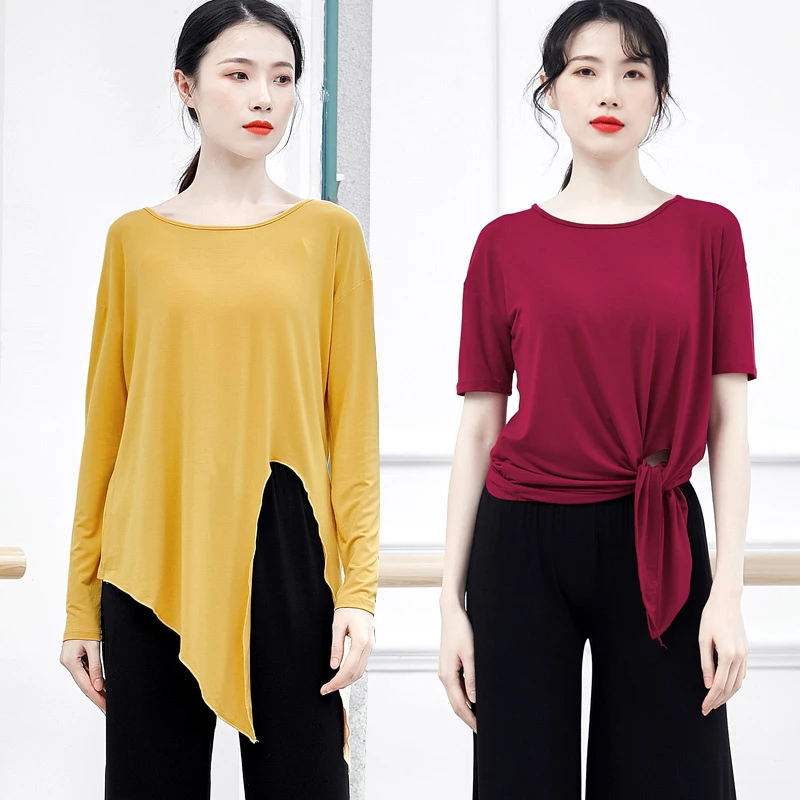 现代舞练功上衣艺考基训服装民族爵士舞蹈女开叉宽松打结T恤成人