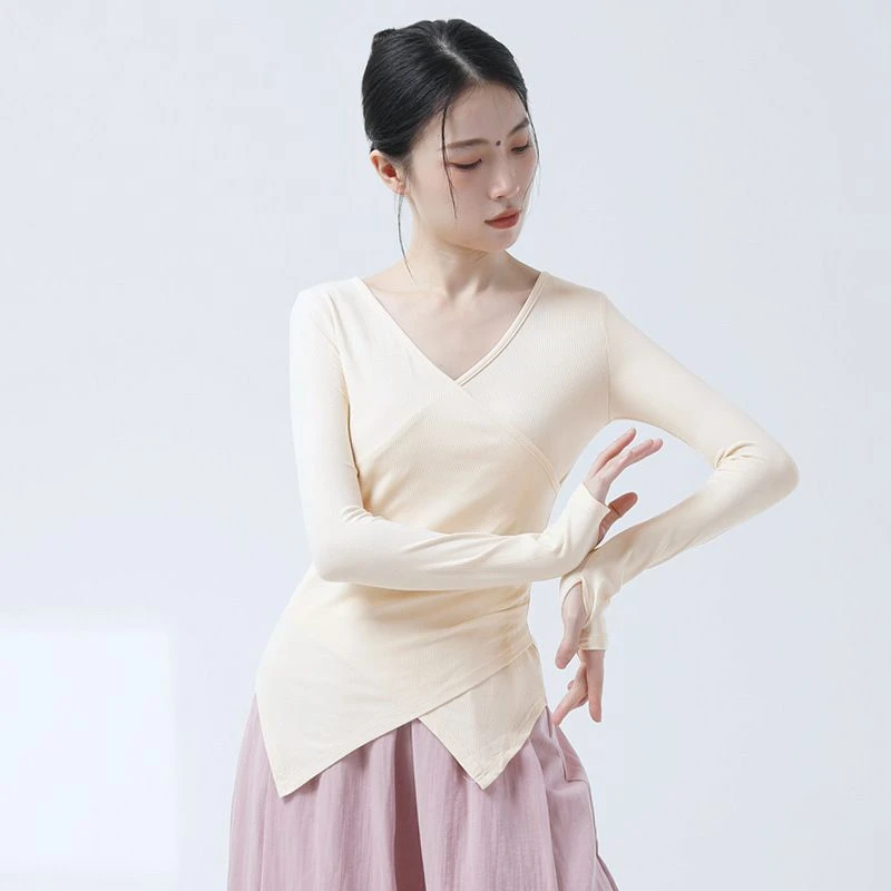 现代舞练功服V领开叉修身交叉长袖套指女中国舞服形体艺考日常服