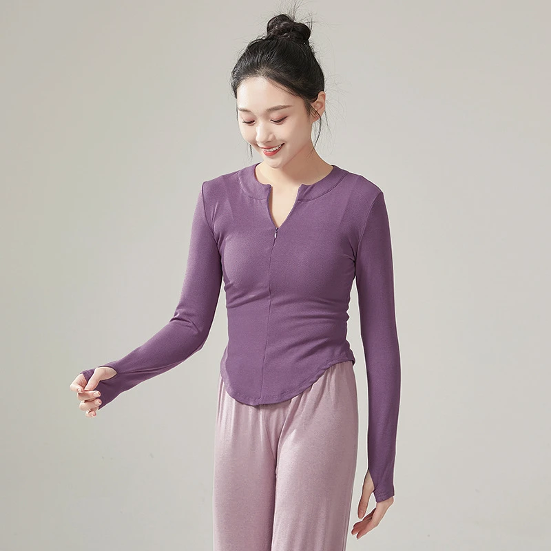 现代舞V领针织修身套指拉链长袖上衣古典舞秋冬练功服形体服瑜伽