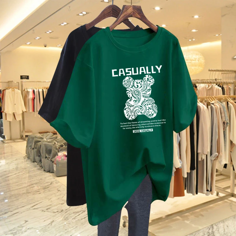 纯棉中长款大版t恤短袖洋气女2023新款宽松小熊圆领遮屁股上衣ins