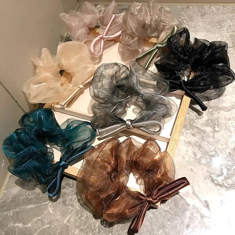 韩国东大门欧根纱大肠发圈头圈芭蕾轻纱缎面蝴蝶结扎发皮筋头绳