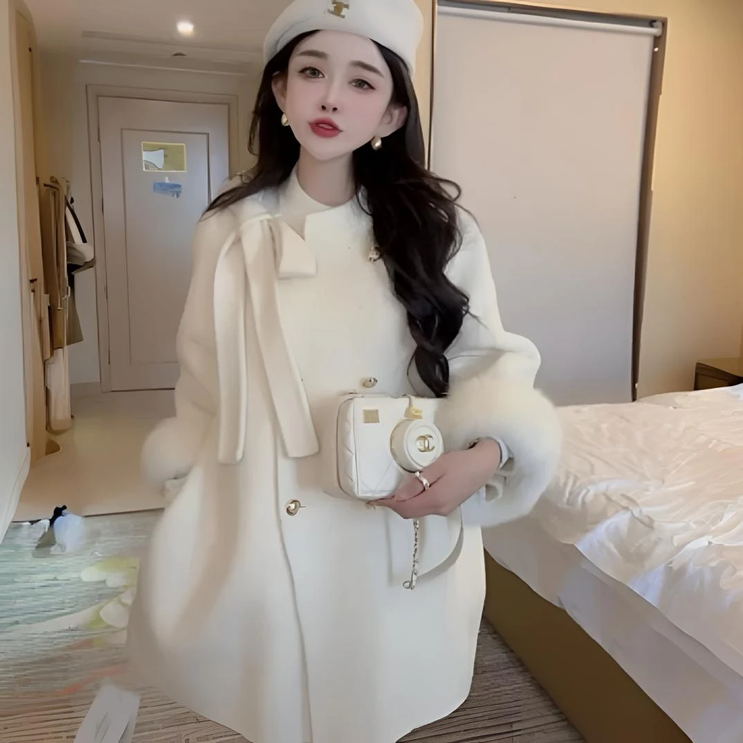 网红同款富家千金风法式白色毛呢外套女2024年秋冬小个子呢子大衣