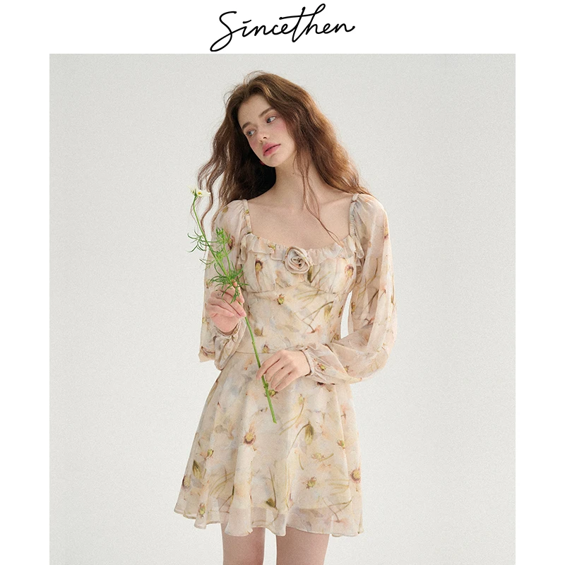 sincethen 柑橘梦语法式碎花裙仙女裙子小个子短裙度假风连衣裙女