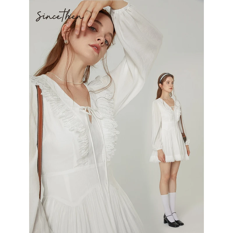 sincethen长袖白色裙法式白裙短款连衣裙小个子穿搭短裙v领裙子女