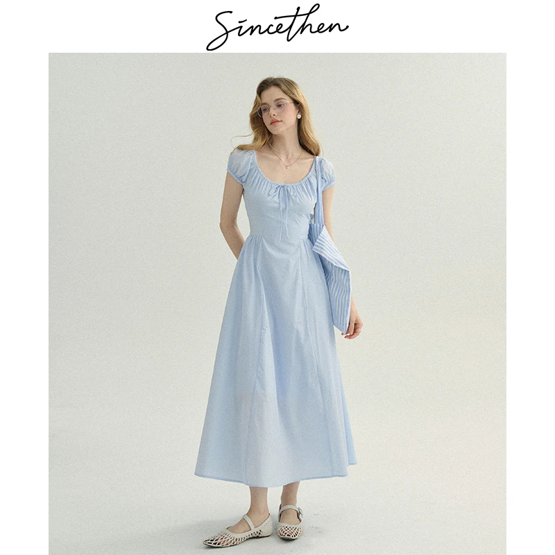 sincethen 牛奶剑兰法式蓝色连衣裙度假长裙茶歇裙仙女裙子女夏季