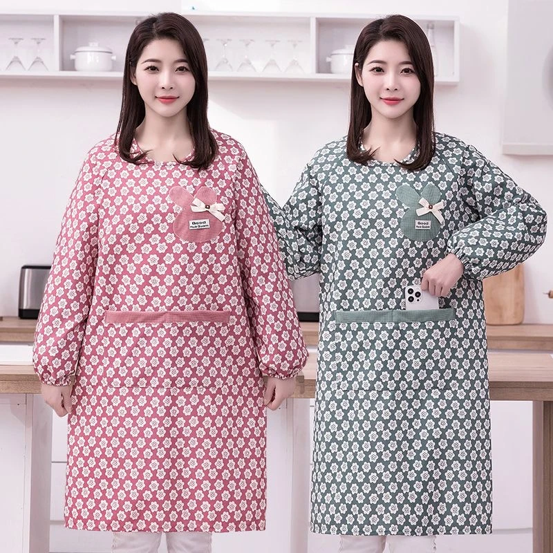 加厚竹节棉长袖卡通萌兔女款罩衣家务做饭防水防污罩衣成人女款