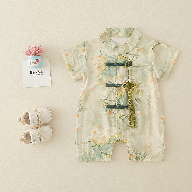 中国风宝宝夏季唐装幼儿洋气汉服连体衣薄款无袖婴儿百天复古夏装