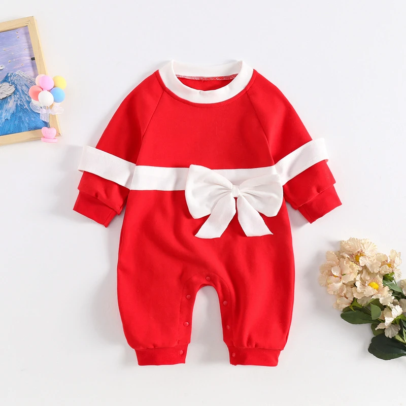 婴儿衣服春秋装女宝宝满月百日红色喜庆连体衣周岁礼服春秋款爬服