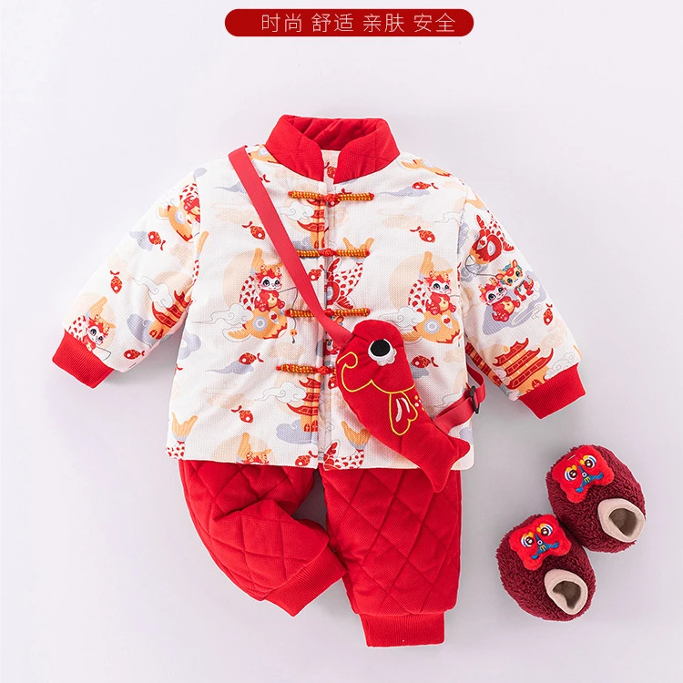 宝宝棉服A类秋冬季喜庆拜年服夹棉加厚国风百天周岁婴儿两件套装