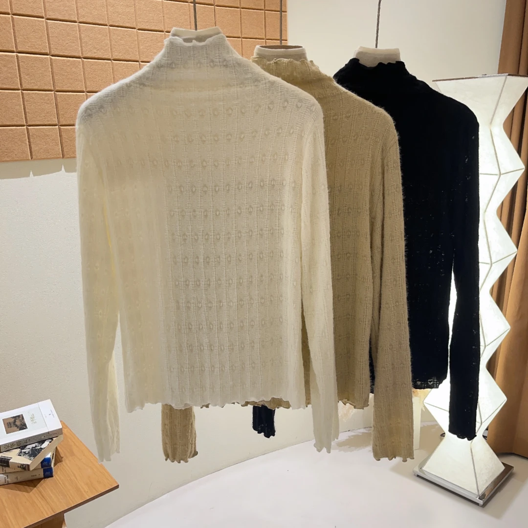 DYY品牌时尚木耳边半高领磨毛长袖蕾丝衫YT2415