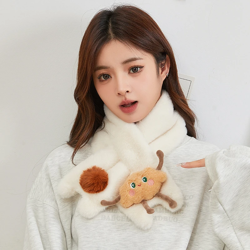 秋冬韩版仿兔毛毛绒围巾柔软围脖学生女可爱云白色保暖加厚围巾