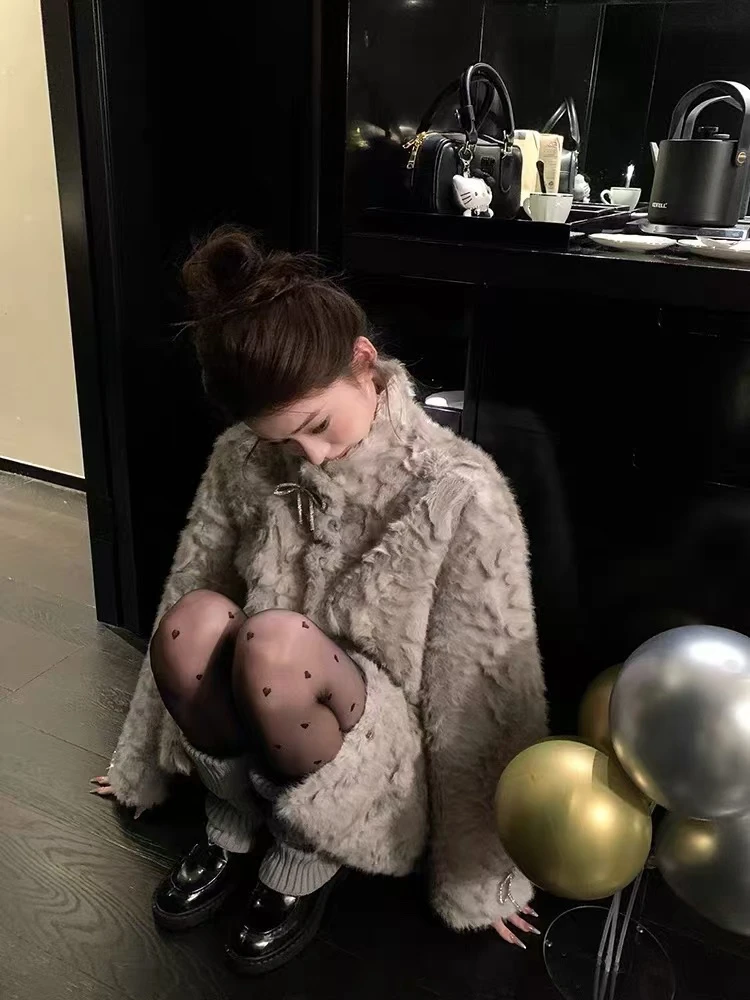 小火山努努月影少女立领外套短款毛毛的大衣