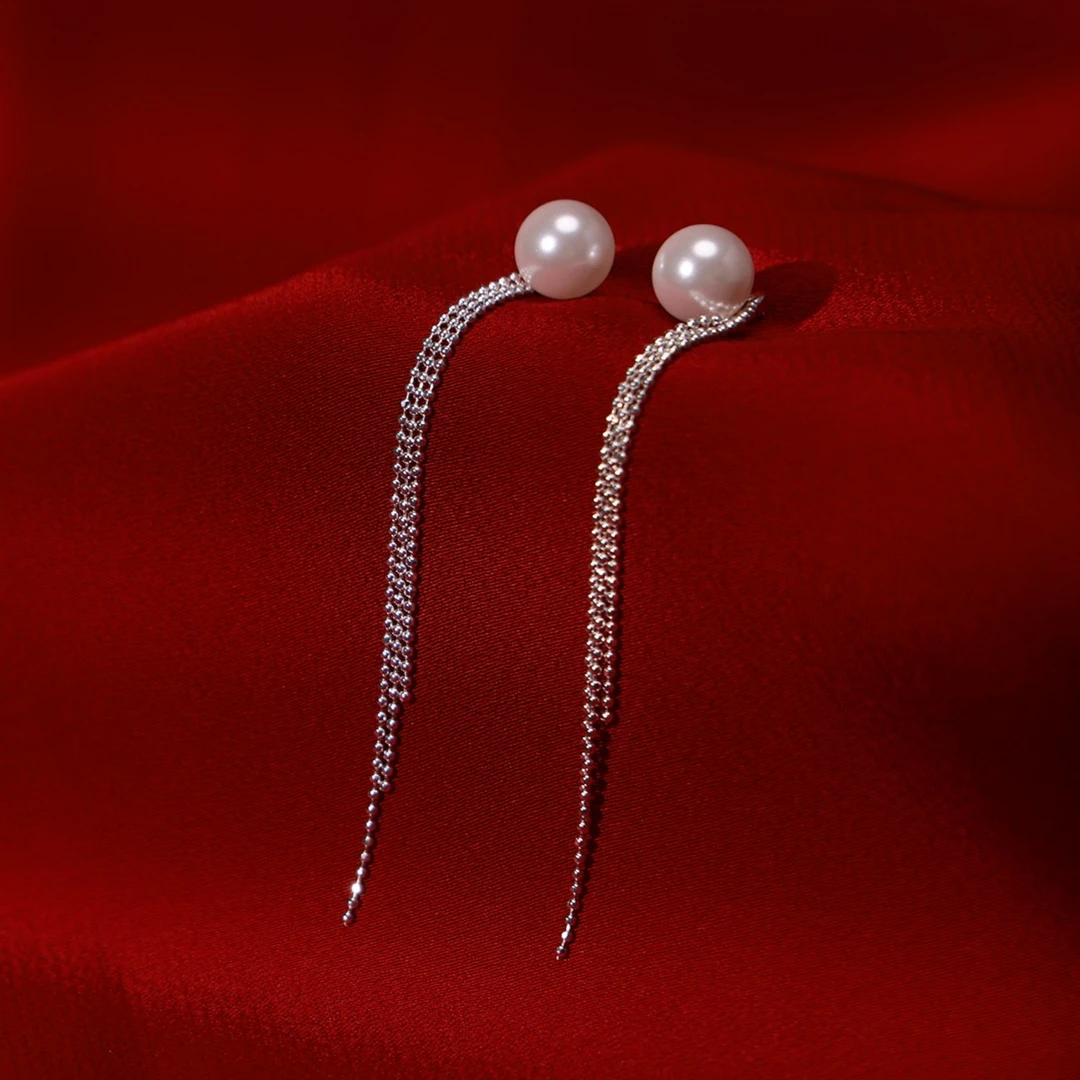 925银耳饰 长款圆珠链条流苏耳钉小众设计一款两戴精致仙女饰品