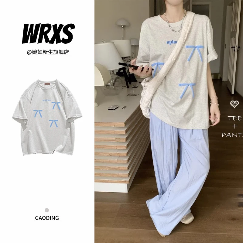 【婉如新生】白灰色纯棉短袖T恤女夏季蝴蝶结百搭休闲女装上衣ins潮