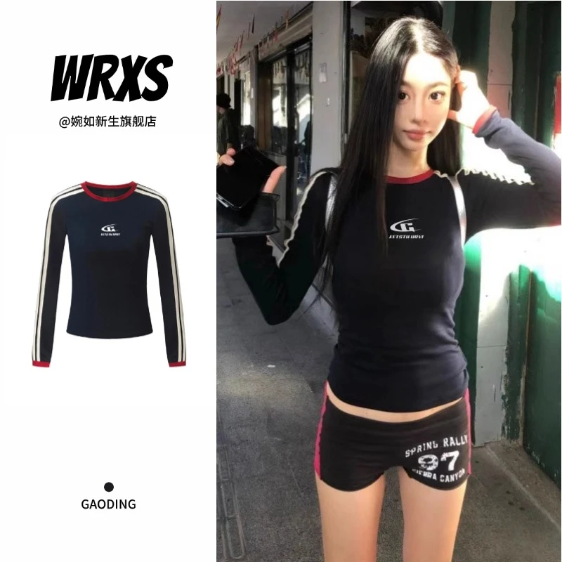 【婉如新生】美式热辣长袖正肩t恤女修身纯欲风短款性感上衣春夏ins