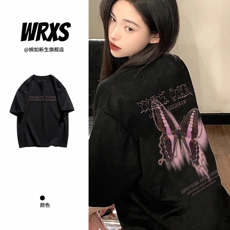 【婉如新生】黑色短袖t恤女夏季设计感小众2024早春新款松嘻哈美式