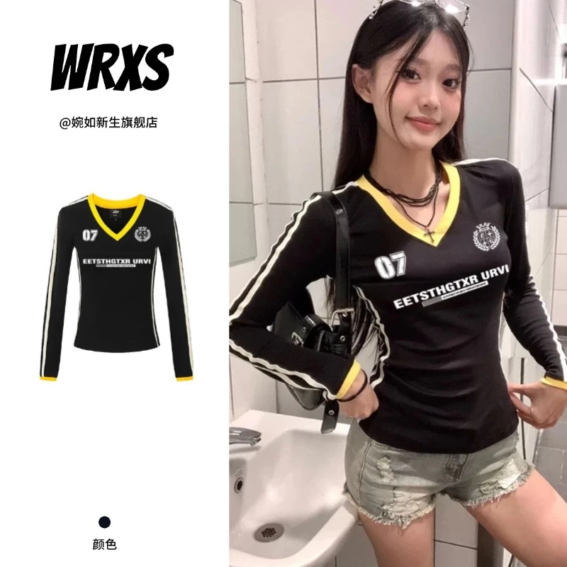 【婉如新生】美式复古V领长袖t恤女秋2024新款穿搭修身收腰辣妹上衣